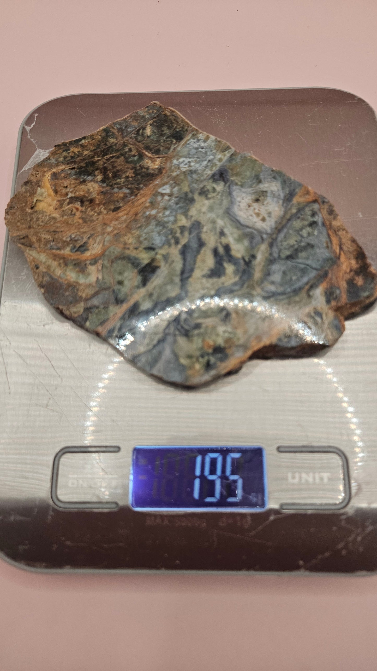 Polished Rainforest Jasper slab 193 grams – swirling green, brown, and gray stone with earthy patterns and high-gloss finish.