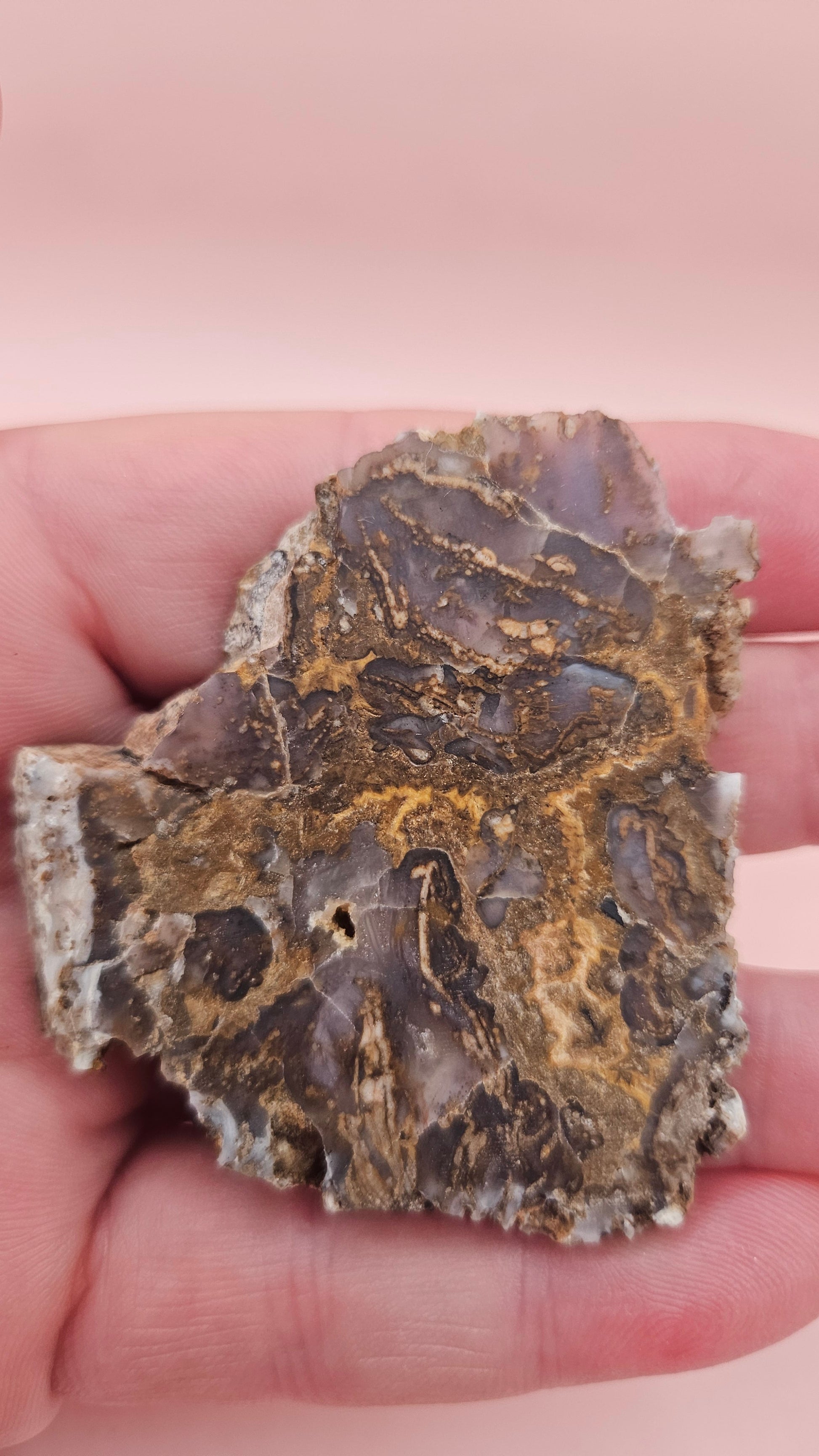 30g Moss Agate slab with natural brown and lavender-gray patterns, 2x2.1 inch stone held in hand.