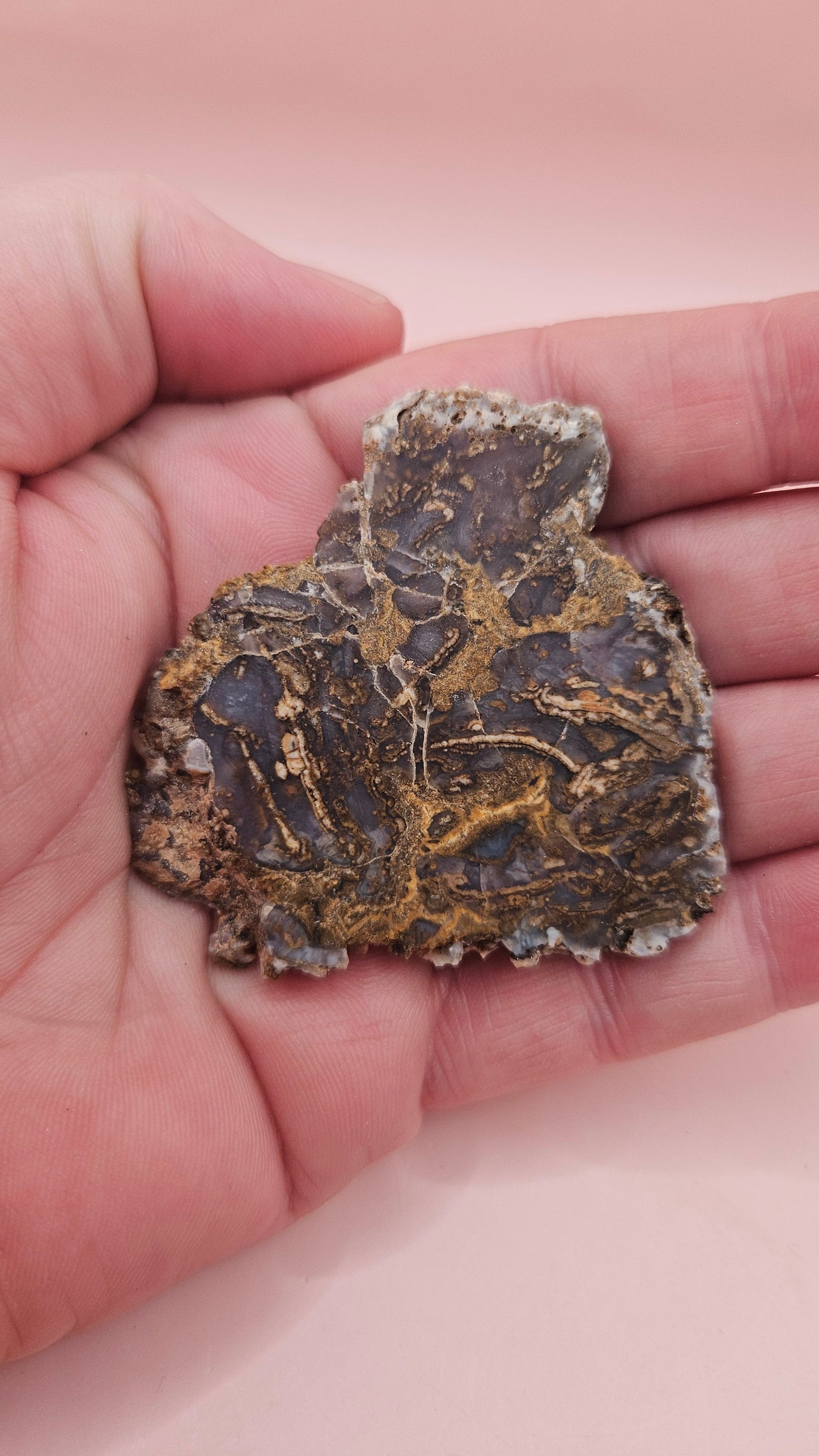 30g Moss Agate slab with natural brown and lavender-gray patterns, 2x2.1 inch stone held in hand.