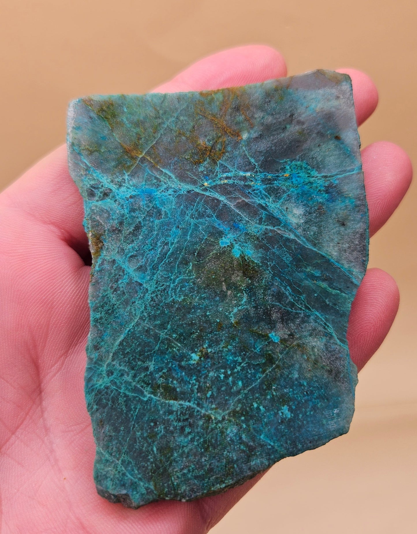 Chrysocolla and Malachite slab with teal, green, and brown swirls in natural copper matrix, 57 grams.