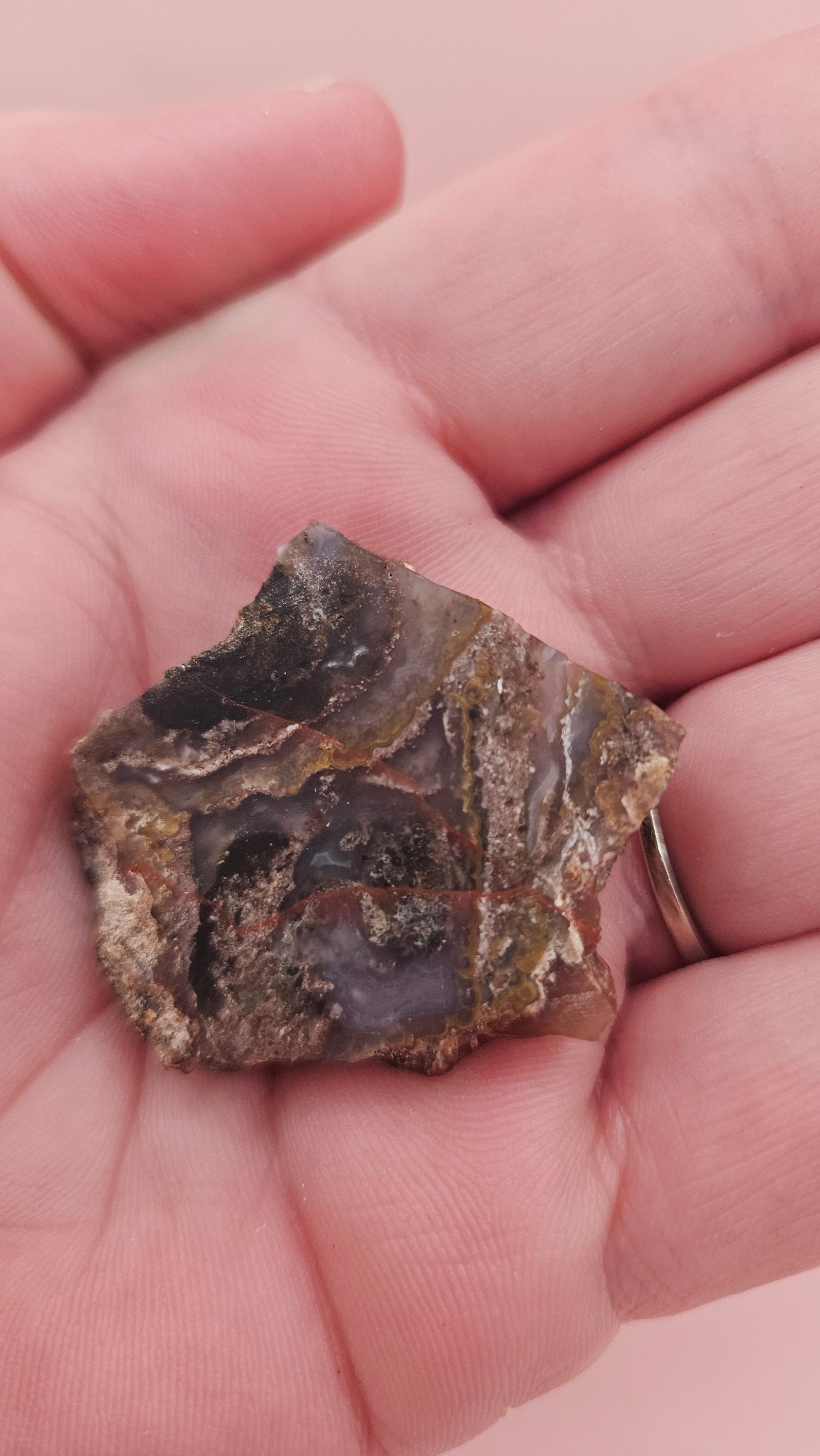 11g Moss Agate slab with taupe and lavender tones and root-like veining, 1.3x1.2 inches, displayed in hand.