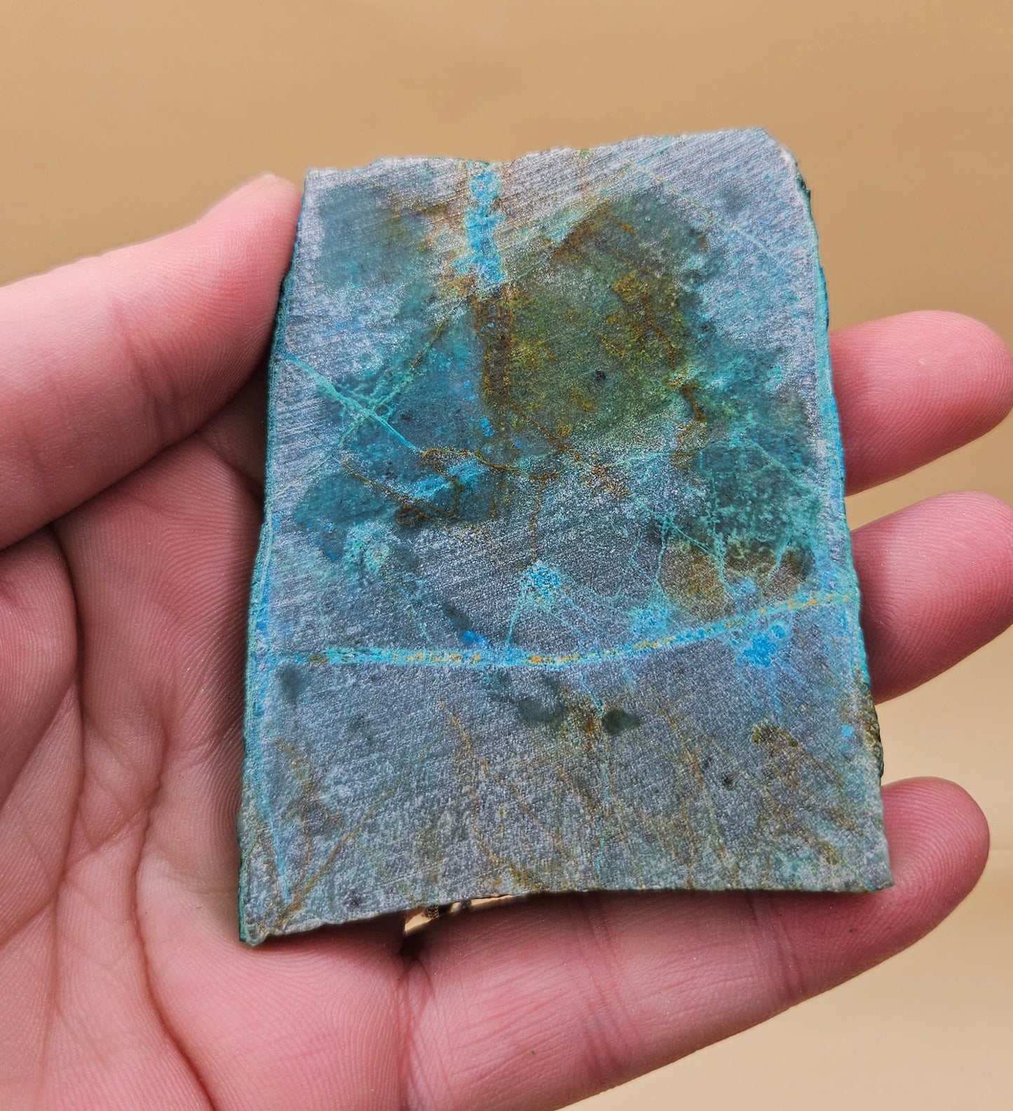 Chrysocolla and Malachite slab with teal, green, and brown swirls in natural copper matrix, 65 grams.
