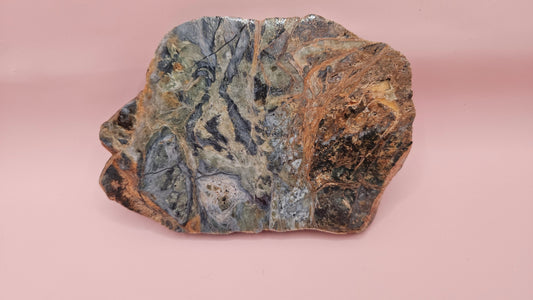 Polished Rainforest Jasper slab 193 grams – swirling green, brown, and gray stone with earthy patterns and high-gloss finish.