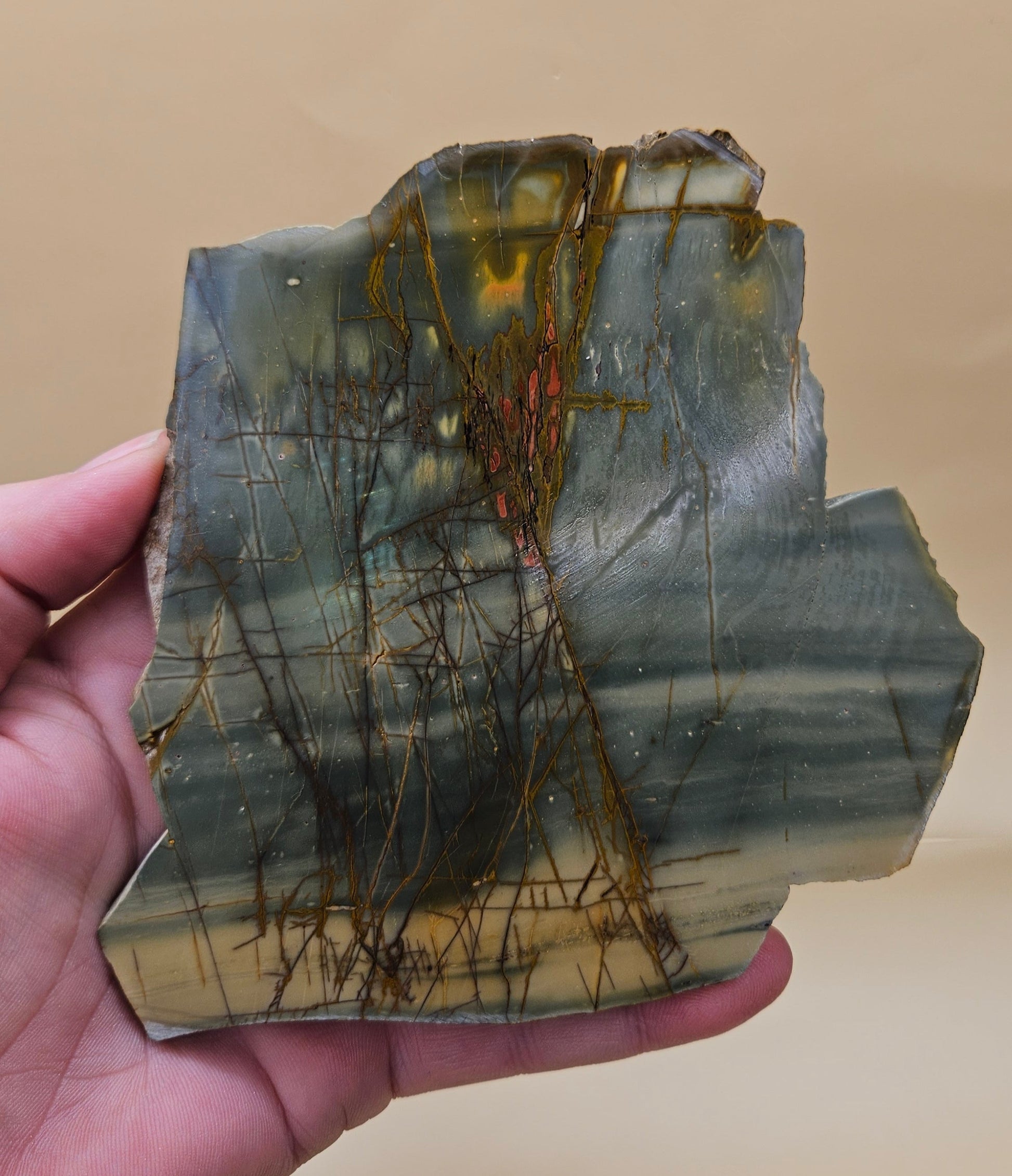 Cherry Creek Jasper slab, showing soft green, beige, and pink tones with natural veining, 180 grams.