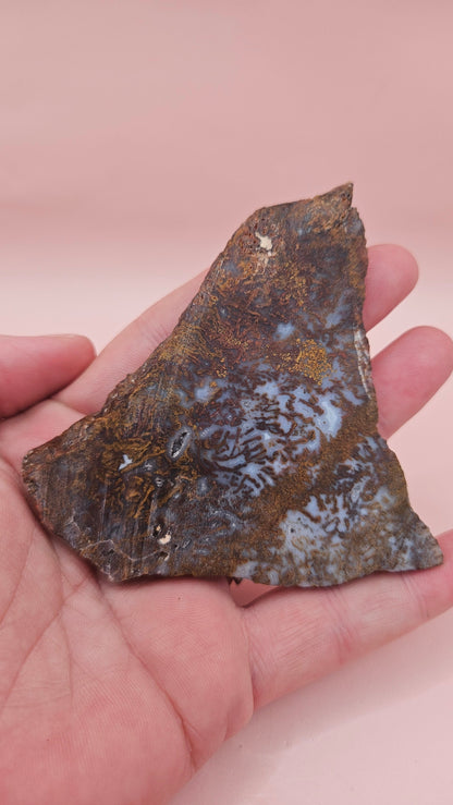 60g Hatch New Mexico rhyolite slab with golden brown and lavender dendritic patterns and natural volcanic textures – perfect for cabbing, display, or artisan use