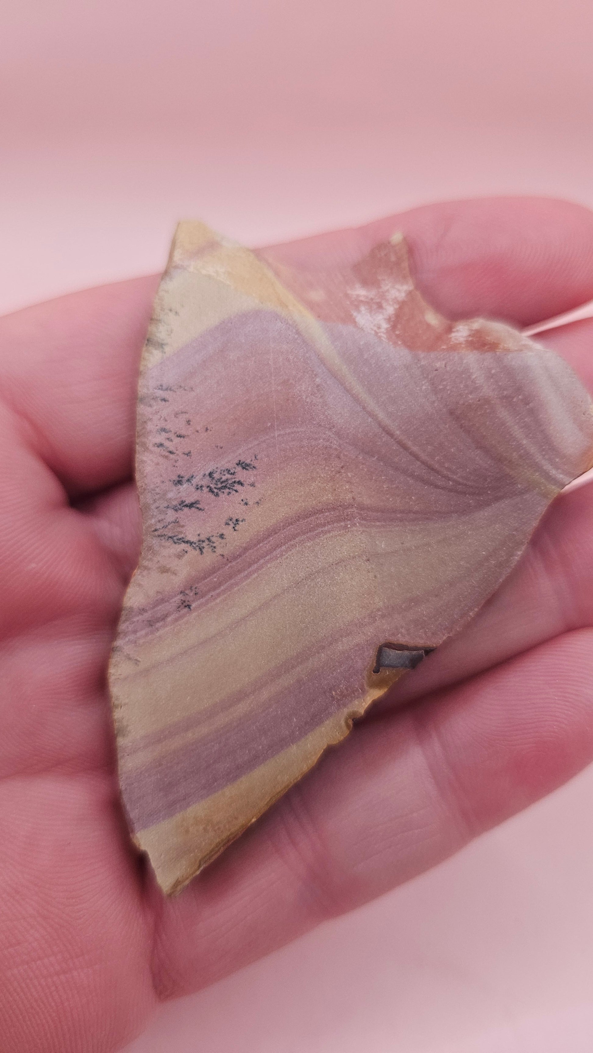 Close-up of Hatch, NM rhyolite slab showing mauve and tan swirled banding with black dendritic inclusions – 26g, cut for display or lapidary.