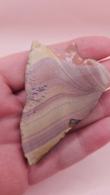 Close-up of Hatch, NM rhyolite slab showing mauve and tan swirled banding with black dendritic inclusions – 26g, cut for display or lapidary.