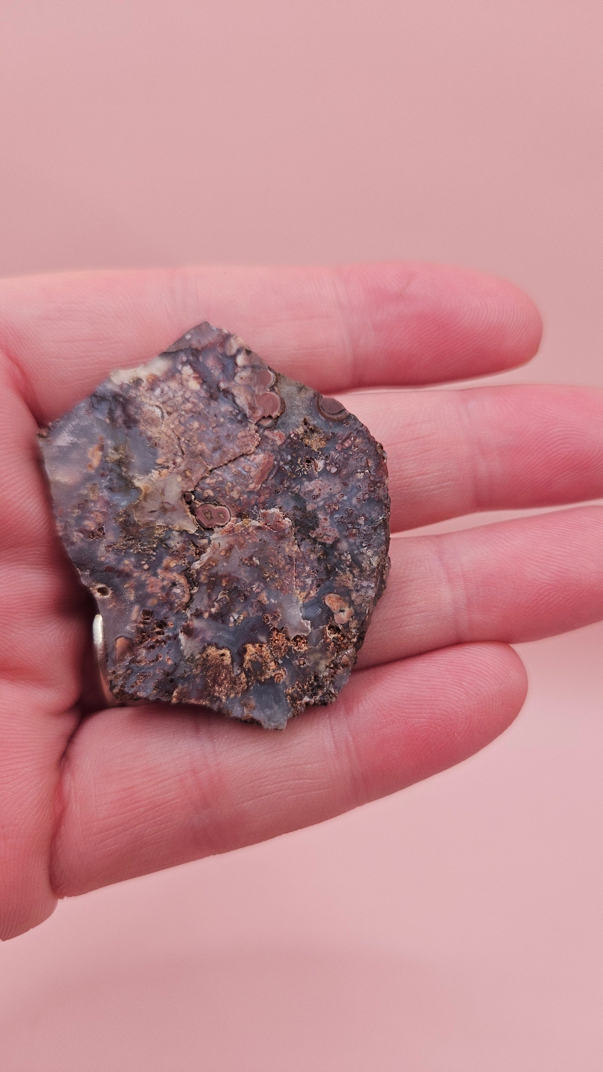 11g Moss Agate slab with taupe and lavender tones and root-like veining, 1.3x1.2 inches, displayed in hand.