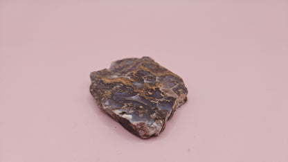 23g Moss Agate slab with smoky lavender tones and golden mossy veins, 2.1x1.7 inch specimen held in hand.
