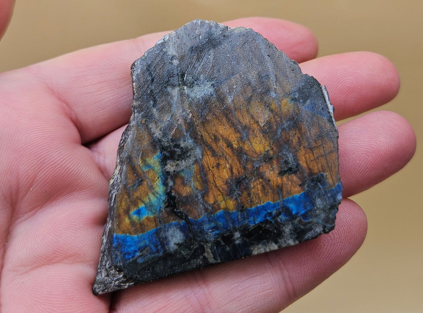 Red Spectrolite slab from Finland  showing red and blue flash over dark feldspar base, 36 grams.