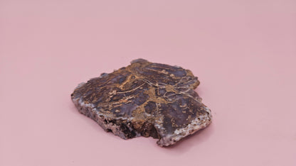 30g Moss Agate slab with natural brown and lavender-gray patterns, 2x2.1 inch stone held in hand.