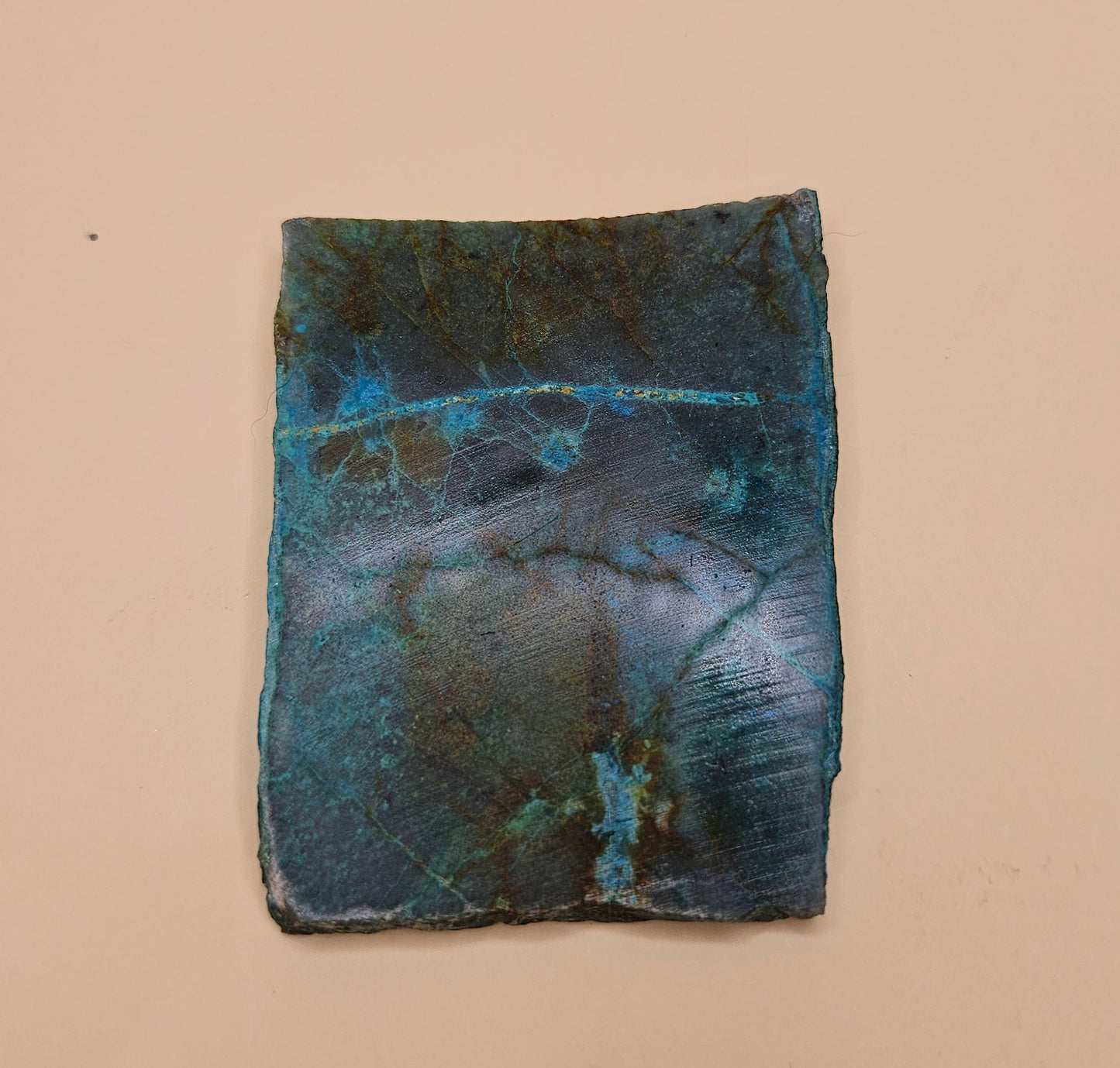 Chrysocolla and Malachite slab with teal, green, and brown swirls in natural copper matrix, 65 grams.