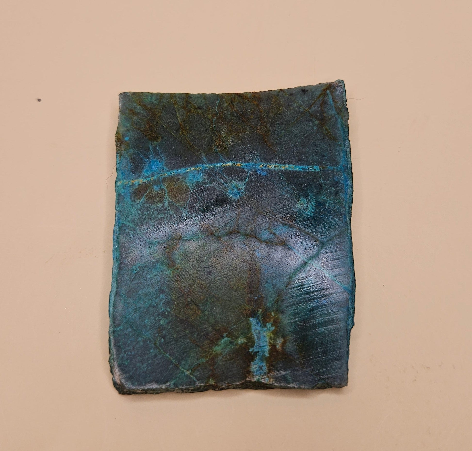 Chrysocolla and Malachite slab with teal, green, and brown swirls in natural copper matrix, 65 grams.