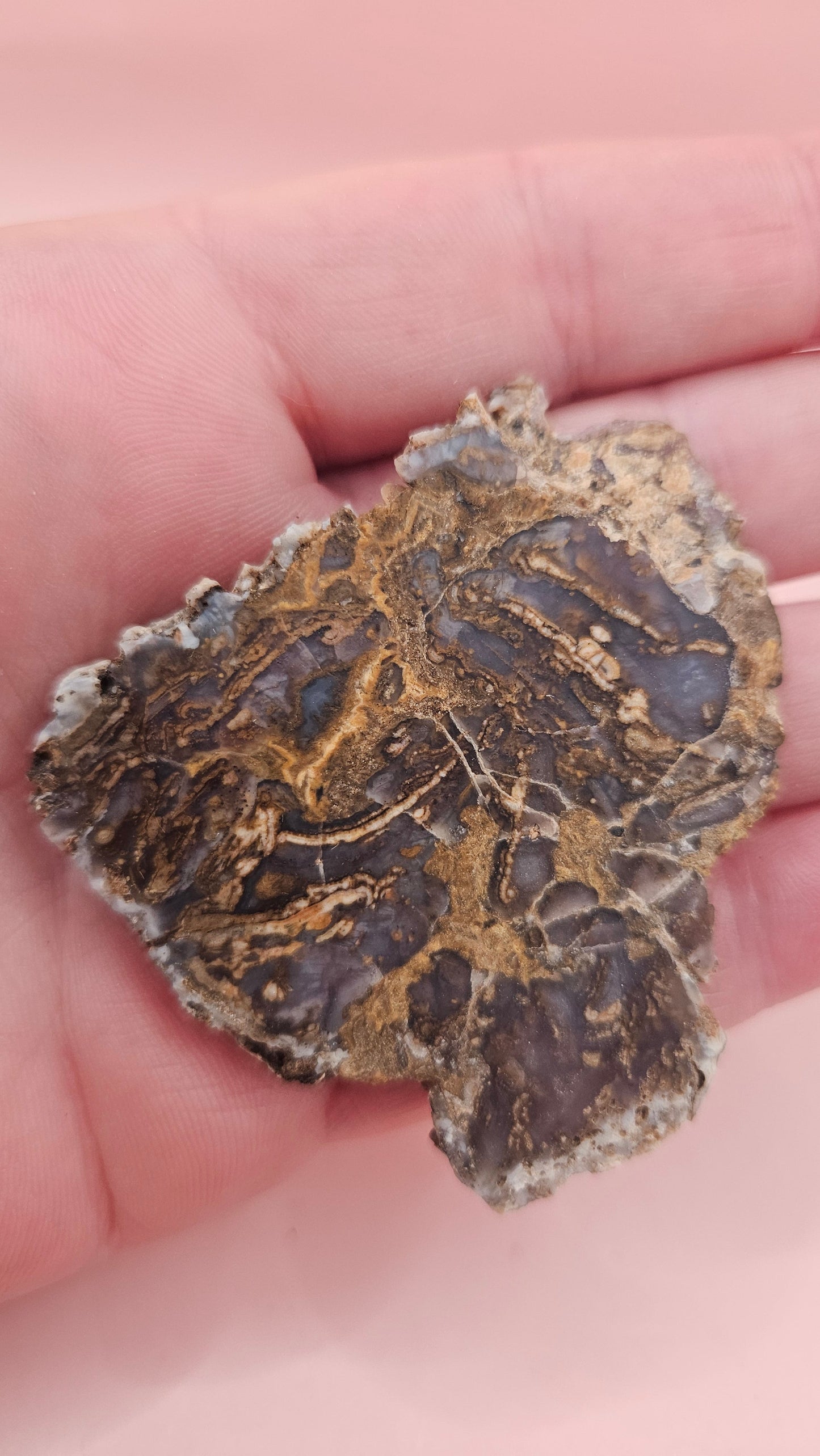 30g Moss Agate slab with natural brown and lavender-gray patterns, 2x2.1 inch stone held in hand.