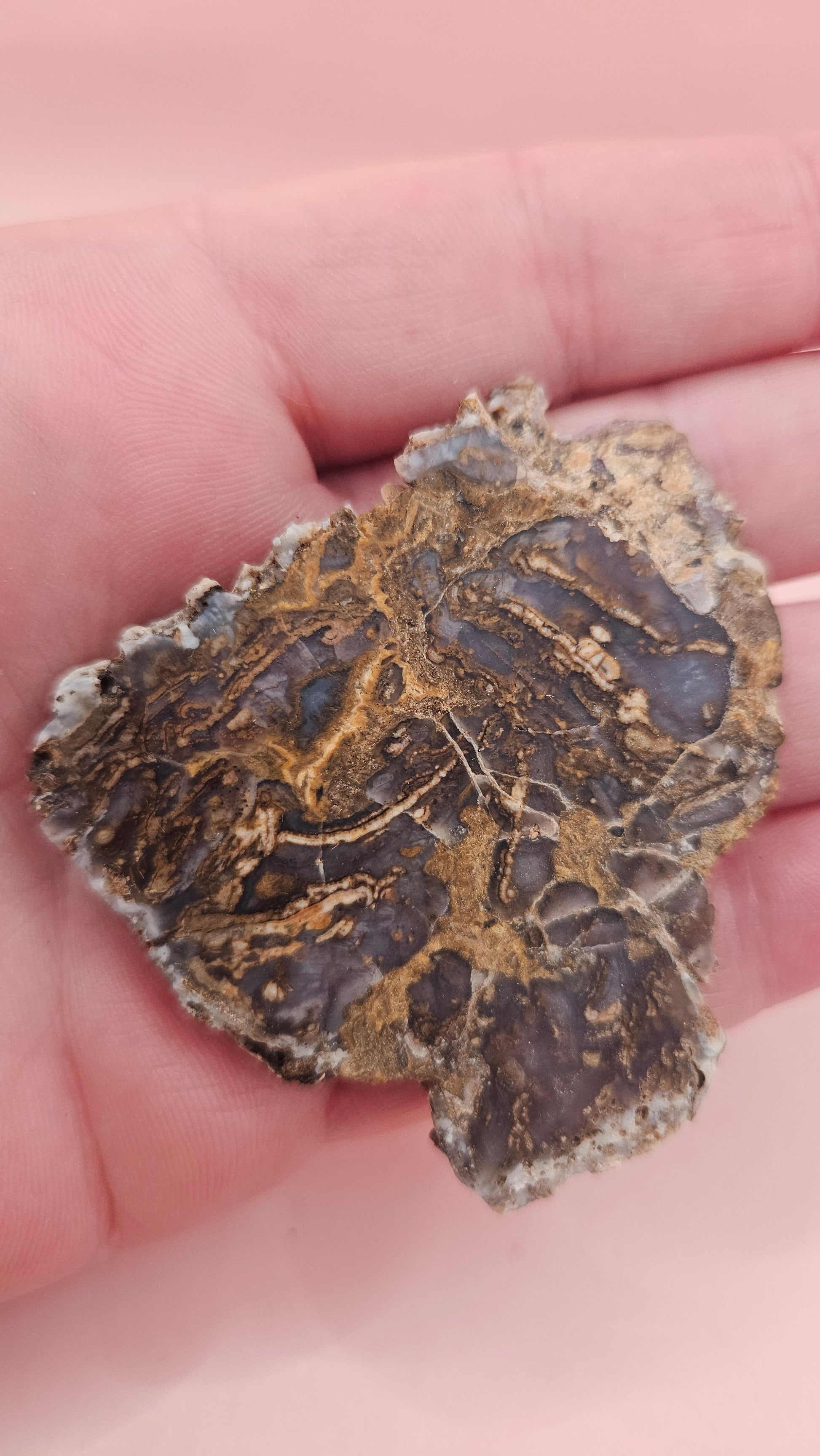 30g Moss Agate slab with natural brown and lavender-gray patterns, 2x2.1 inch stone held in hand.