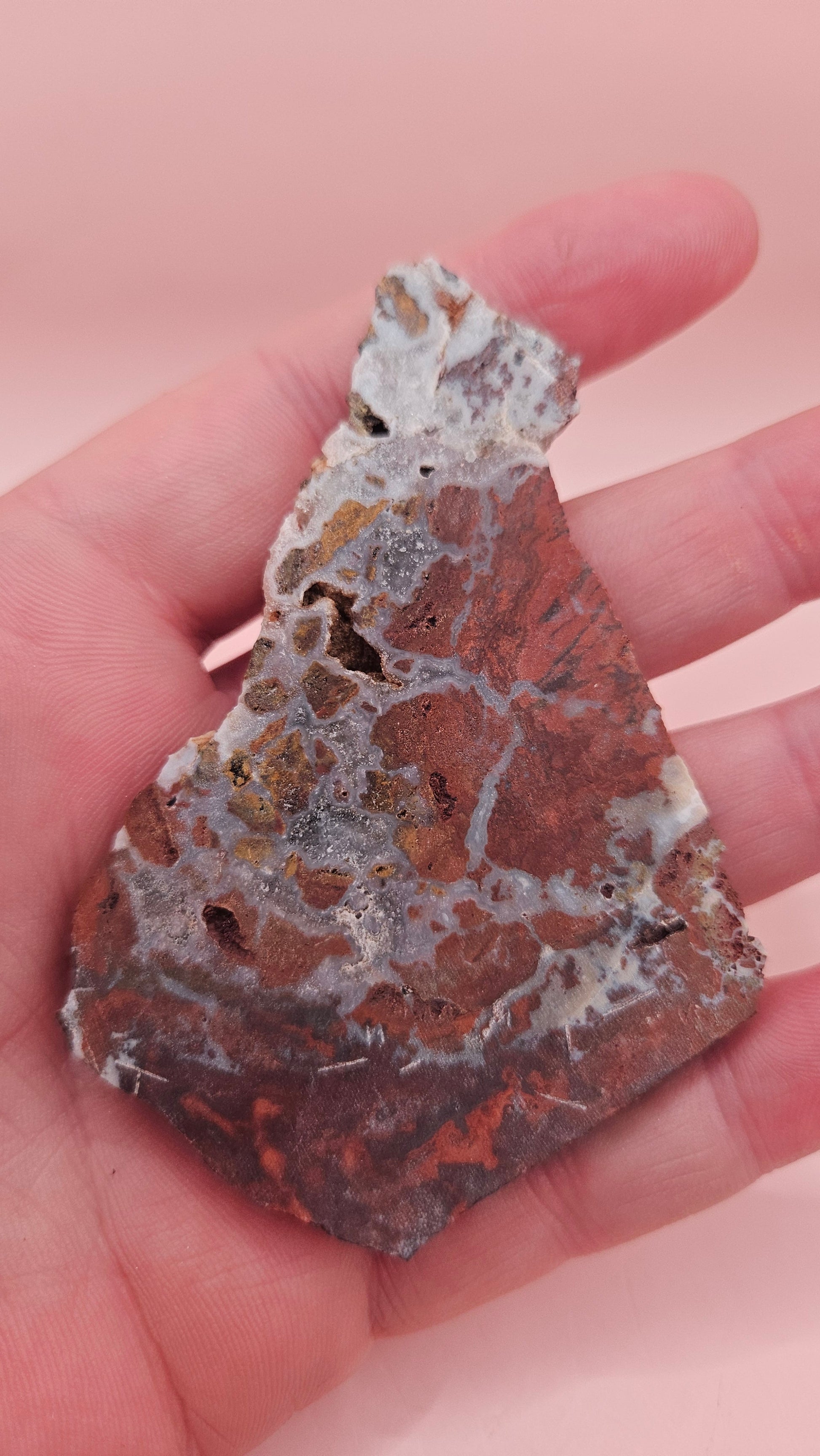 38 gram Hatch NM rhyolite slab with bold red, tan, and gray brecciated patterns and natural matrix textures – ideal for lapidary, crafting, or display