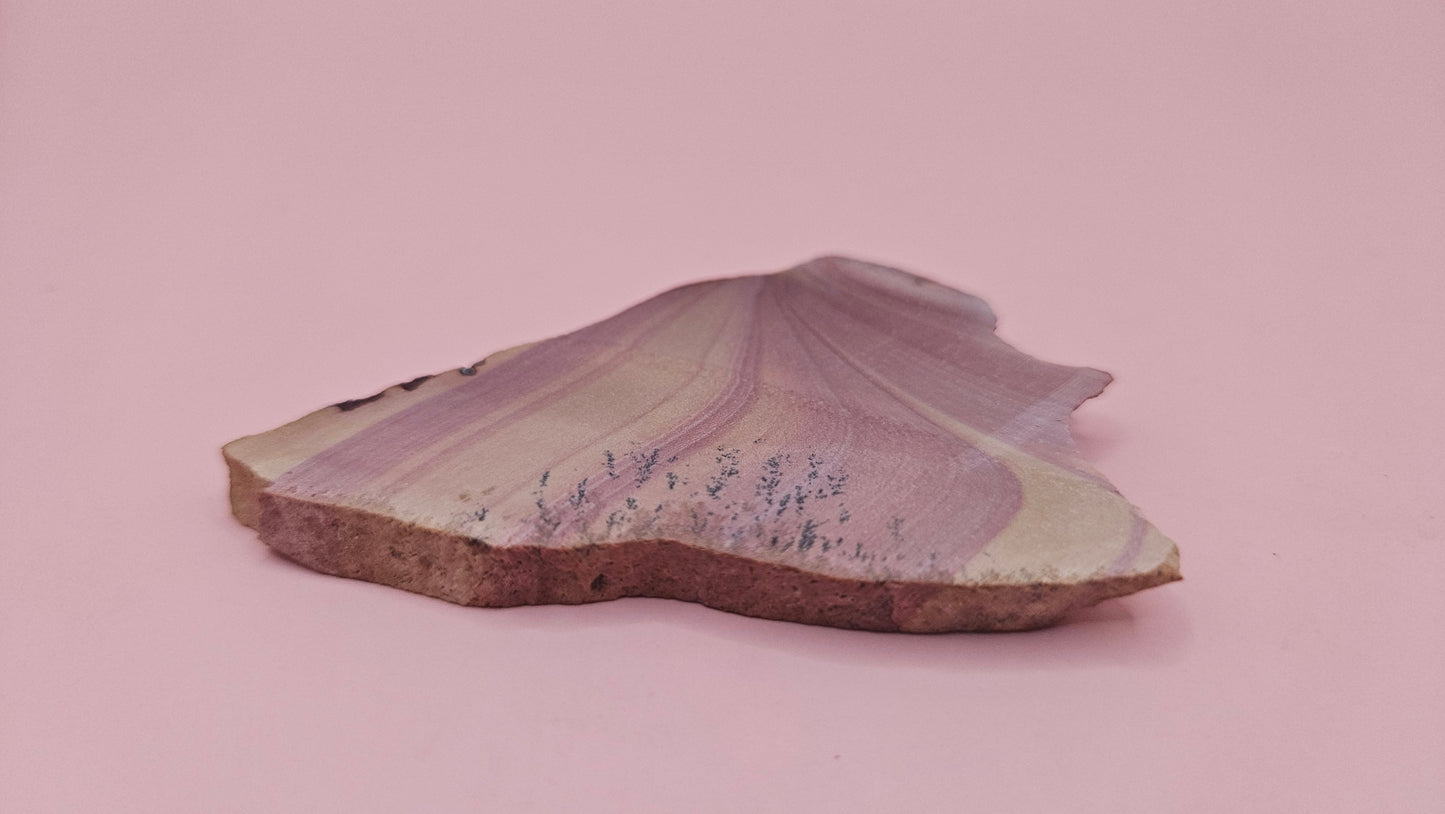 Close-up of Hatch, NM rhyolite slab showing mauve and tan swirled banding with black dendritic inclusions – 26g, cut for display or lapidary.
