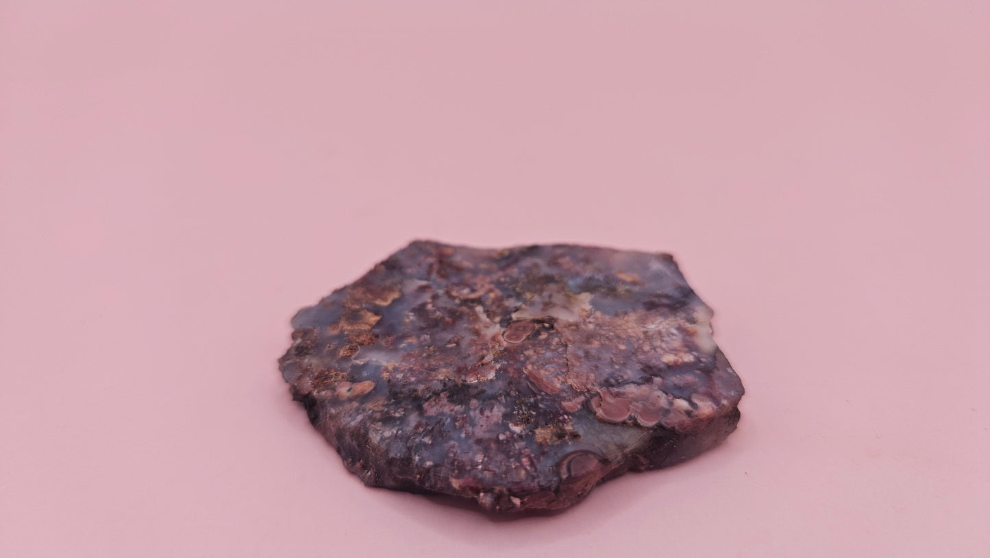 11g Moss Agate slab with taupe and lavender tones and root-like veining, 1.3x1.2 inches, displayed in hand.