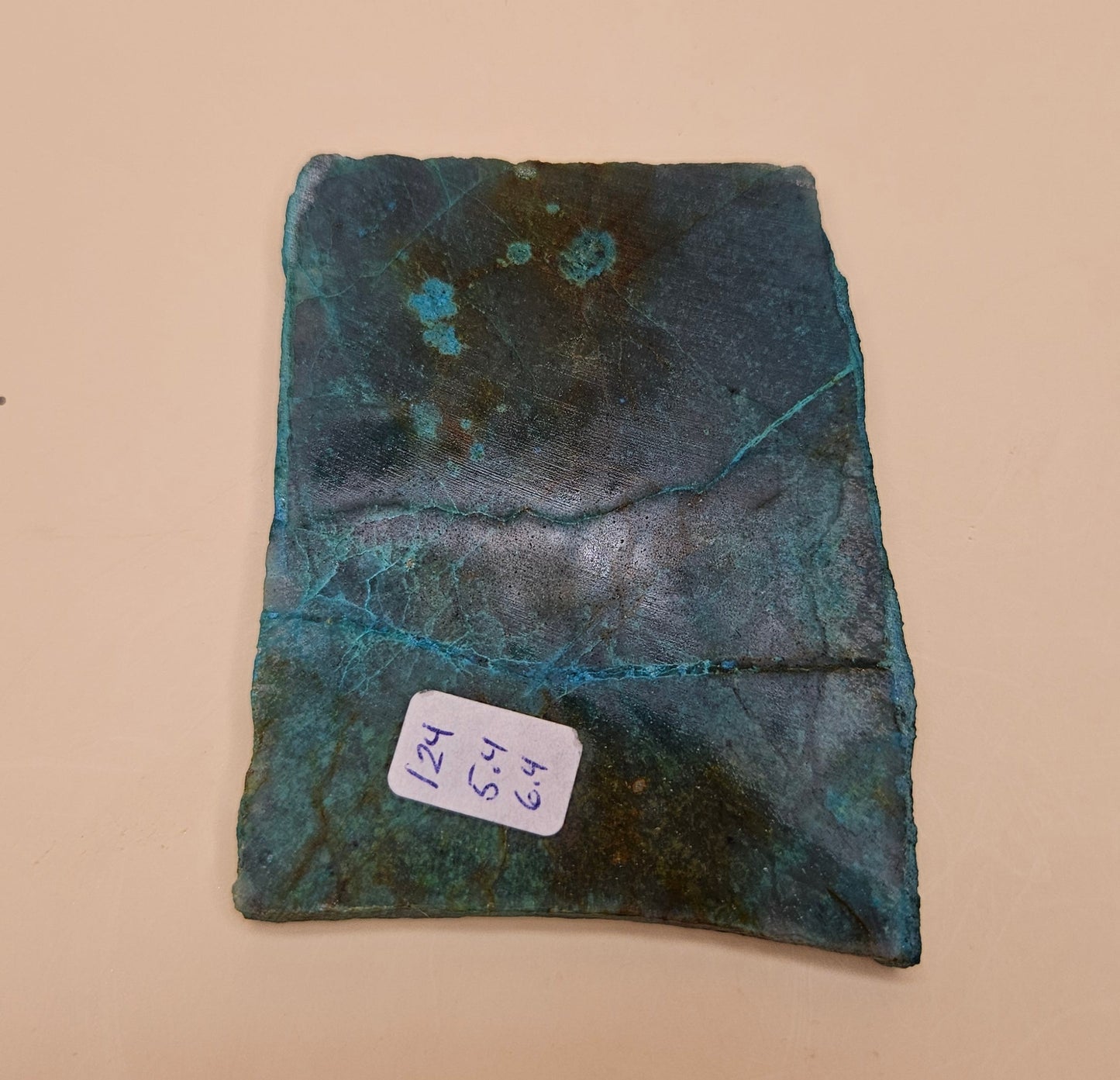 Chrysocolla and Malachite slab with teal, green, and brown swirls in natural copper matrix, 65 grams.