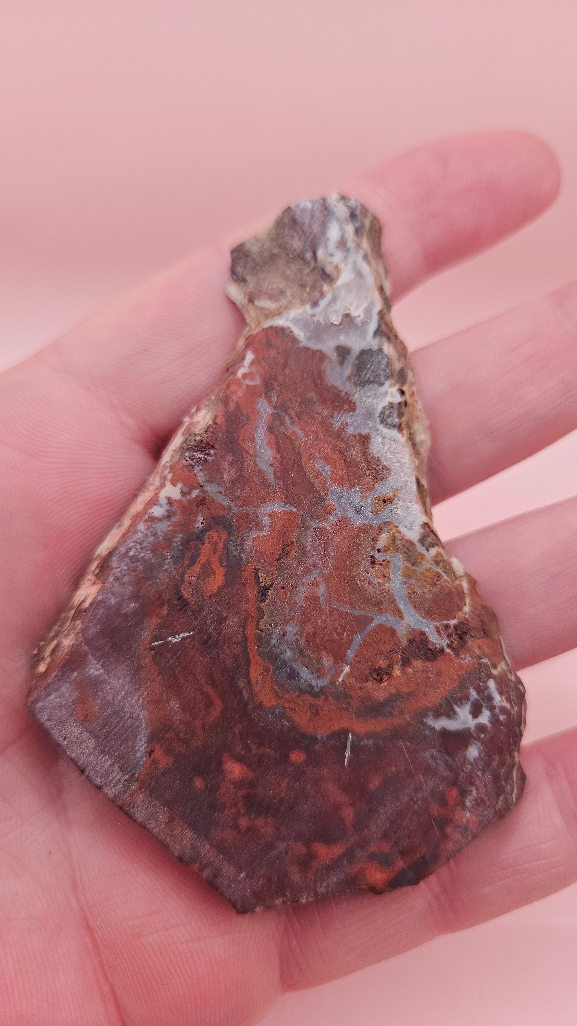 38 gram Hatch NM rhyolite slab with bold red, tan, and gray brecciated patterns and natural matrix textures – ideal for lapidary, crafting, or display