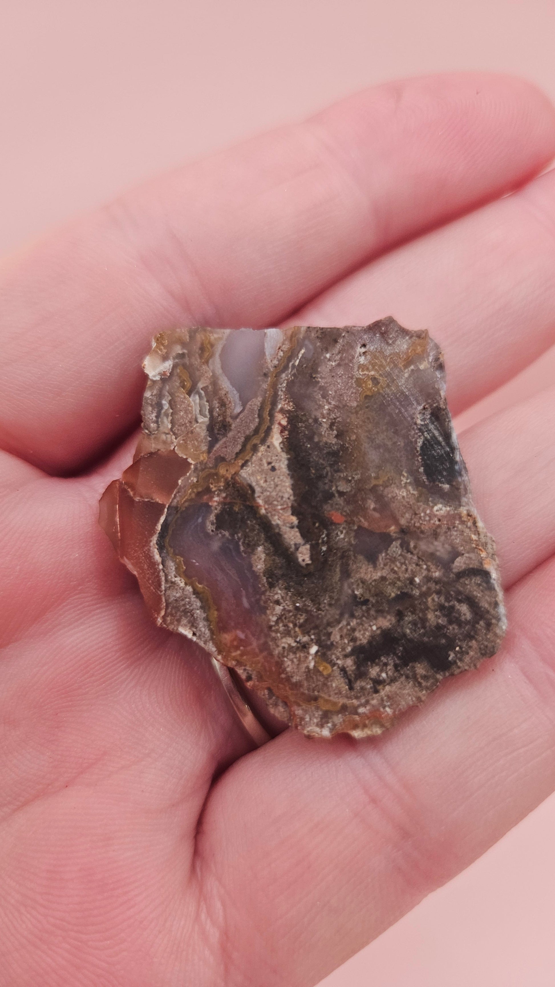 11g Moss Agate slab with taupe and lavender tones and root-like veining, 1.3x1.2 inches, displayed in hand.