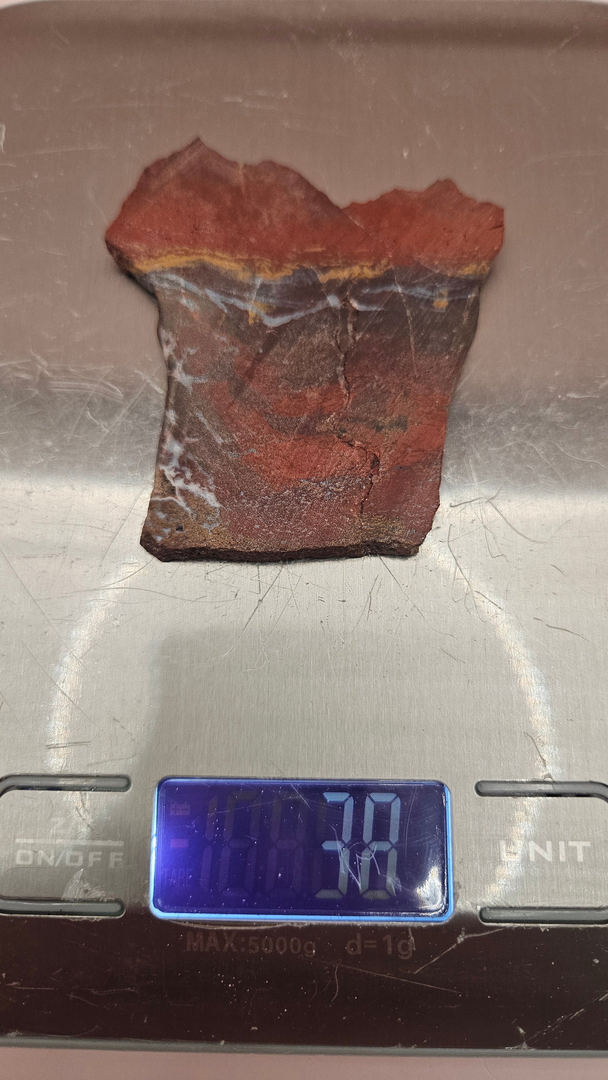 Noreena Jasper 38g slab with red, yellow, and gray banding – Australian jasper stone