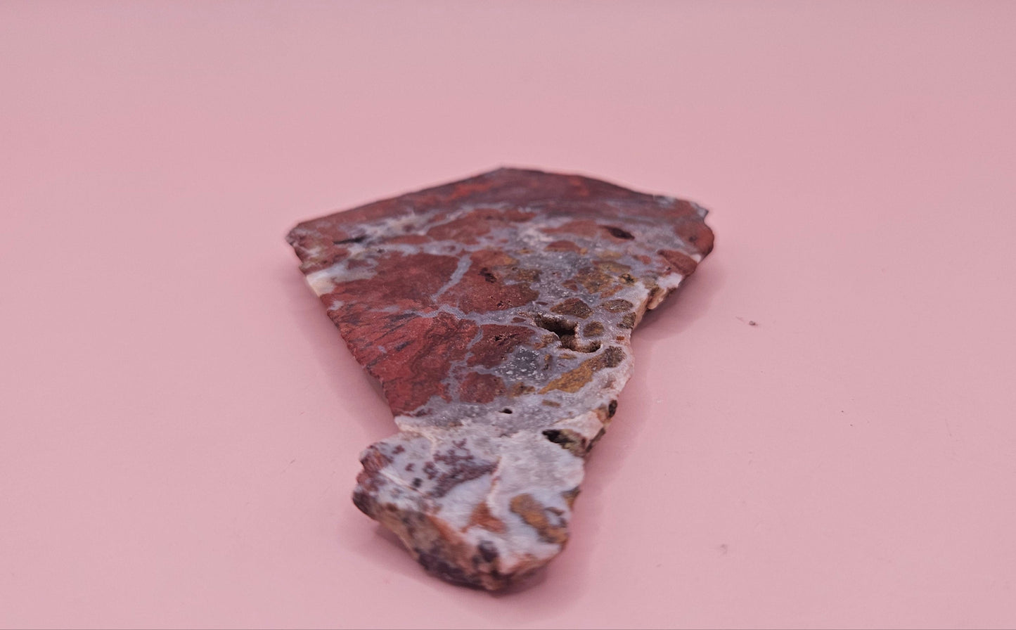 38 gram Hatch NM rhyolite slab with bold red, tan, and gray brecciated patterns and natural matrix textures – ideal for lapidary, crafting, or display