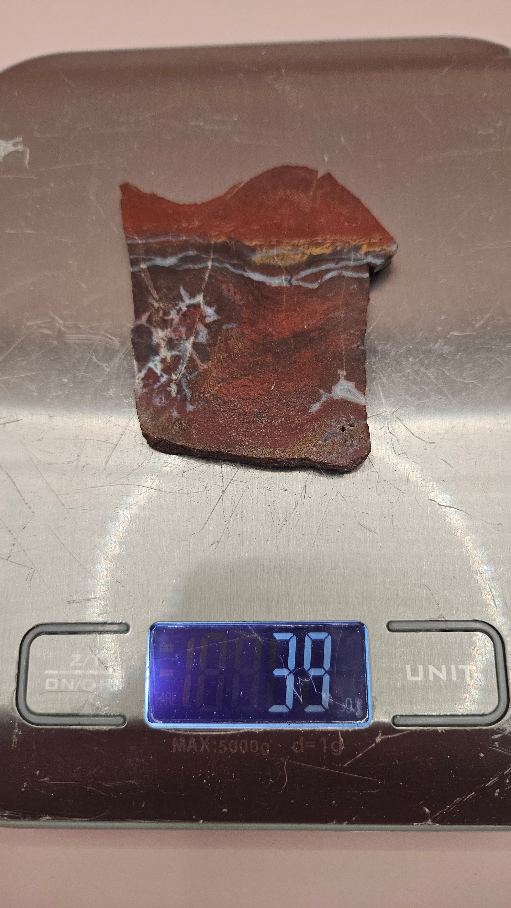 Noreena Jasper 39g slab with red, yellow, and gray banding – Australian jasper stone 